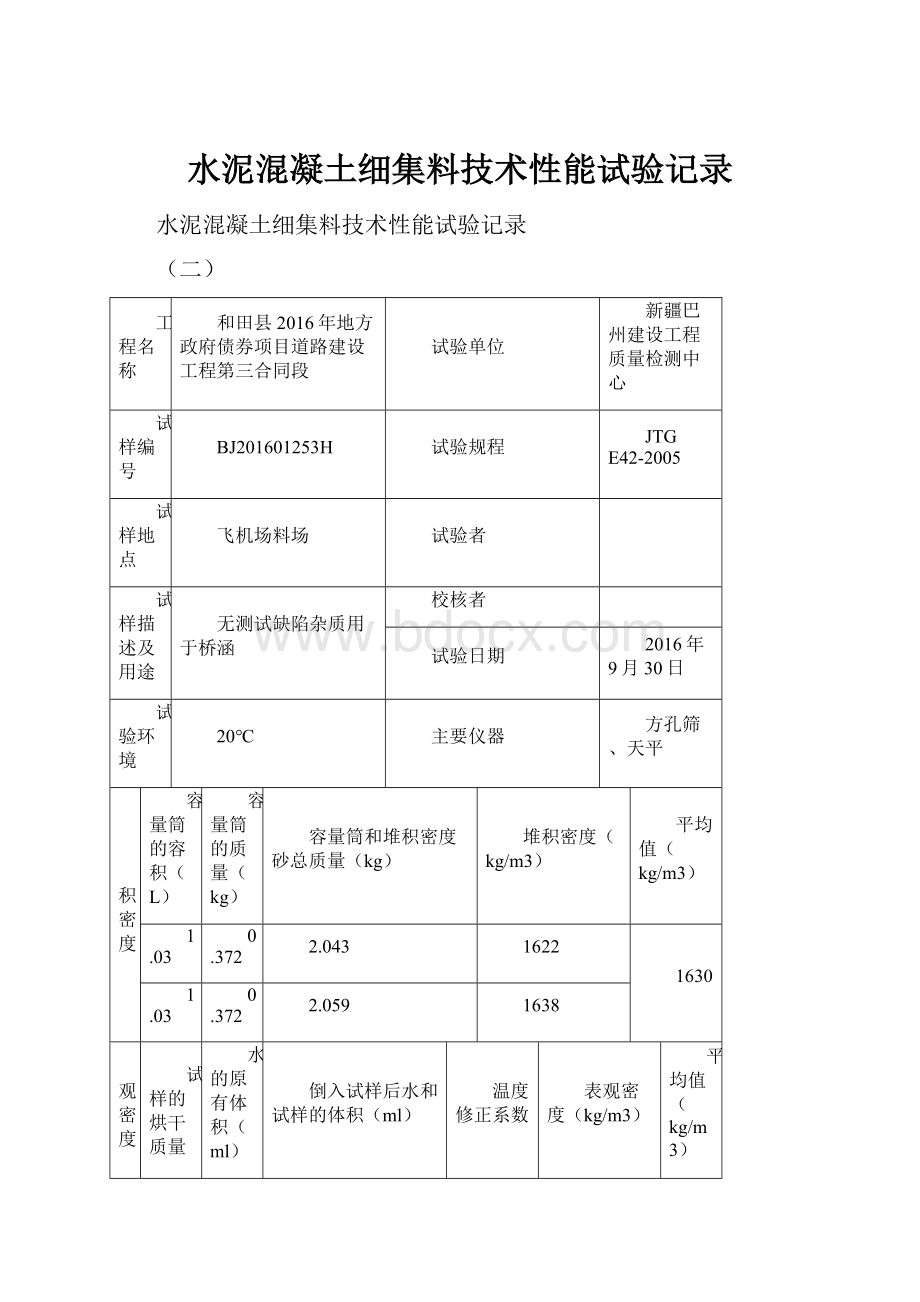 水泥混凝土细集料技术性能试验记录.docx_第1页