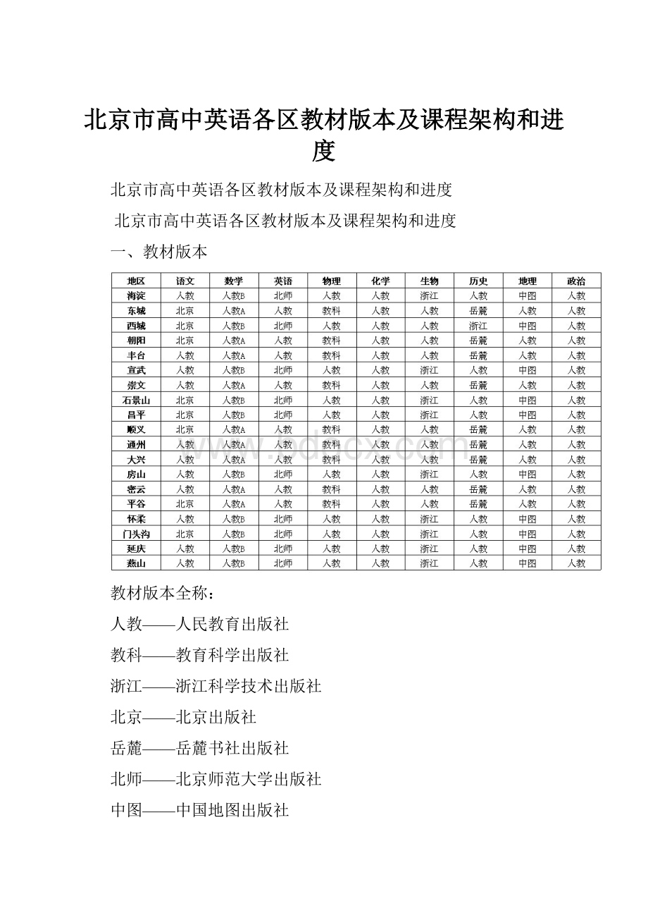 北京市高中英语各区教材版本及课程架构和进度.docx