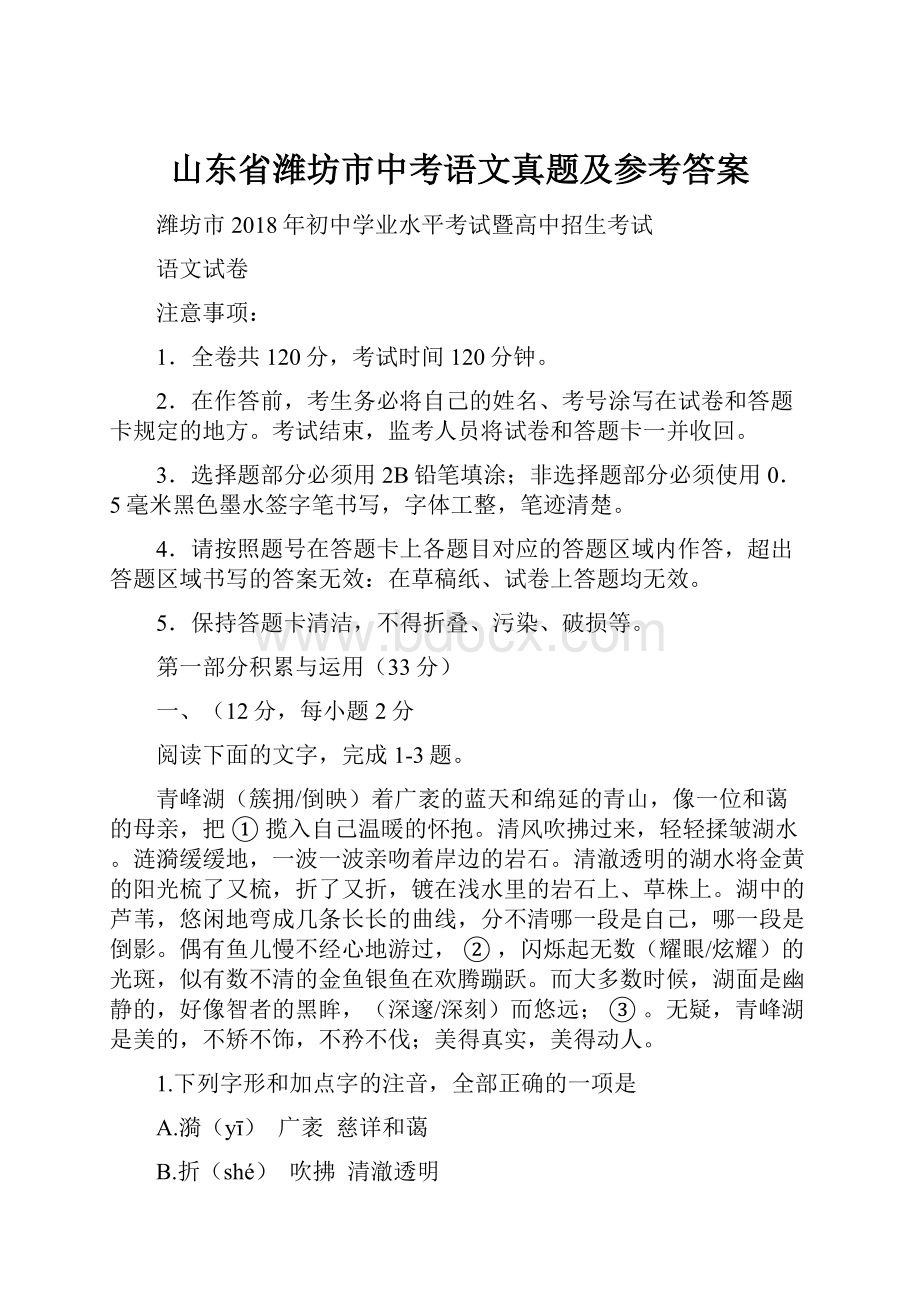 山东省潍坊市中考语文真题及参考答案.docx