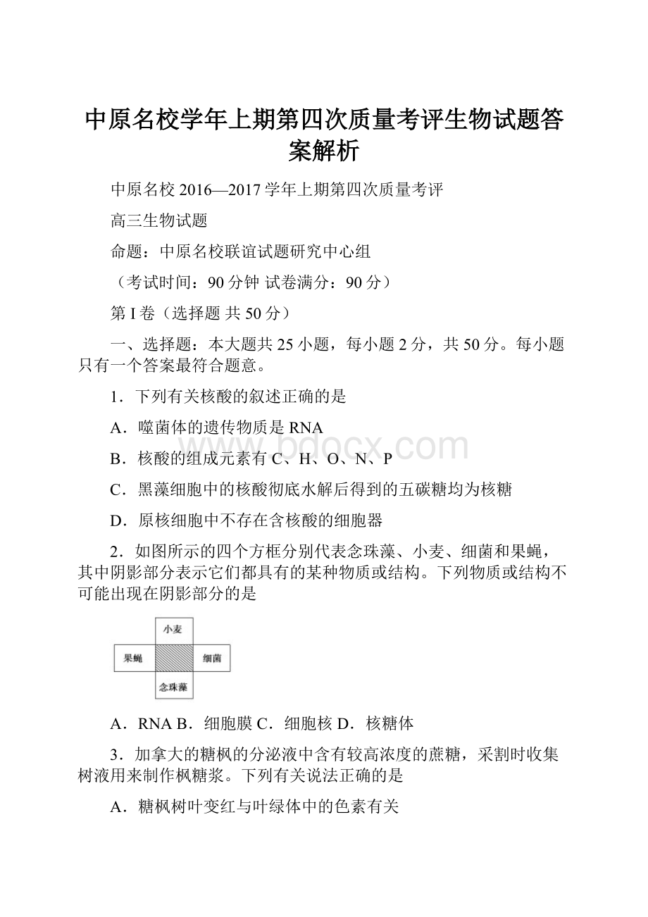 中原名校学年上期第四次质量考评生物试题答案解析.docx