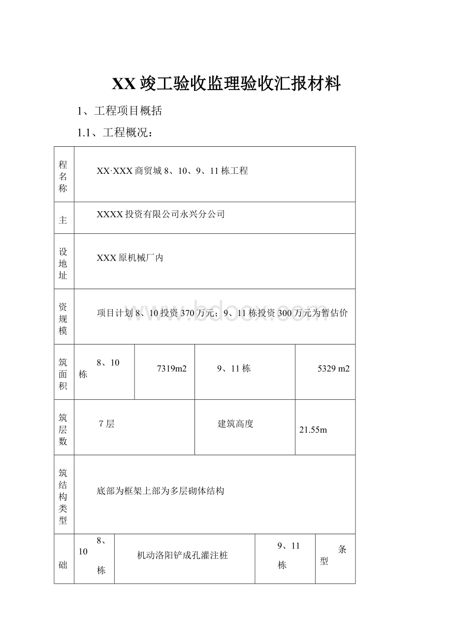 XX竣工验收监理验收汇报材料.docx