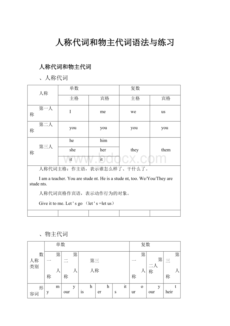 人称代词和物主代词语法与练习.docx