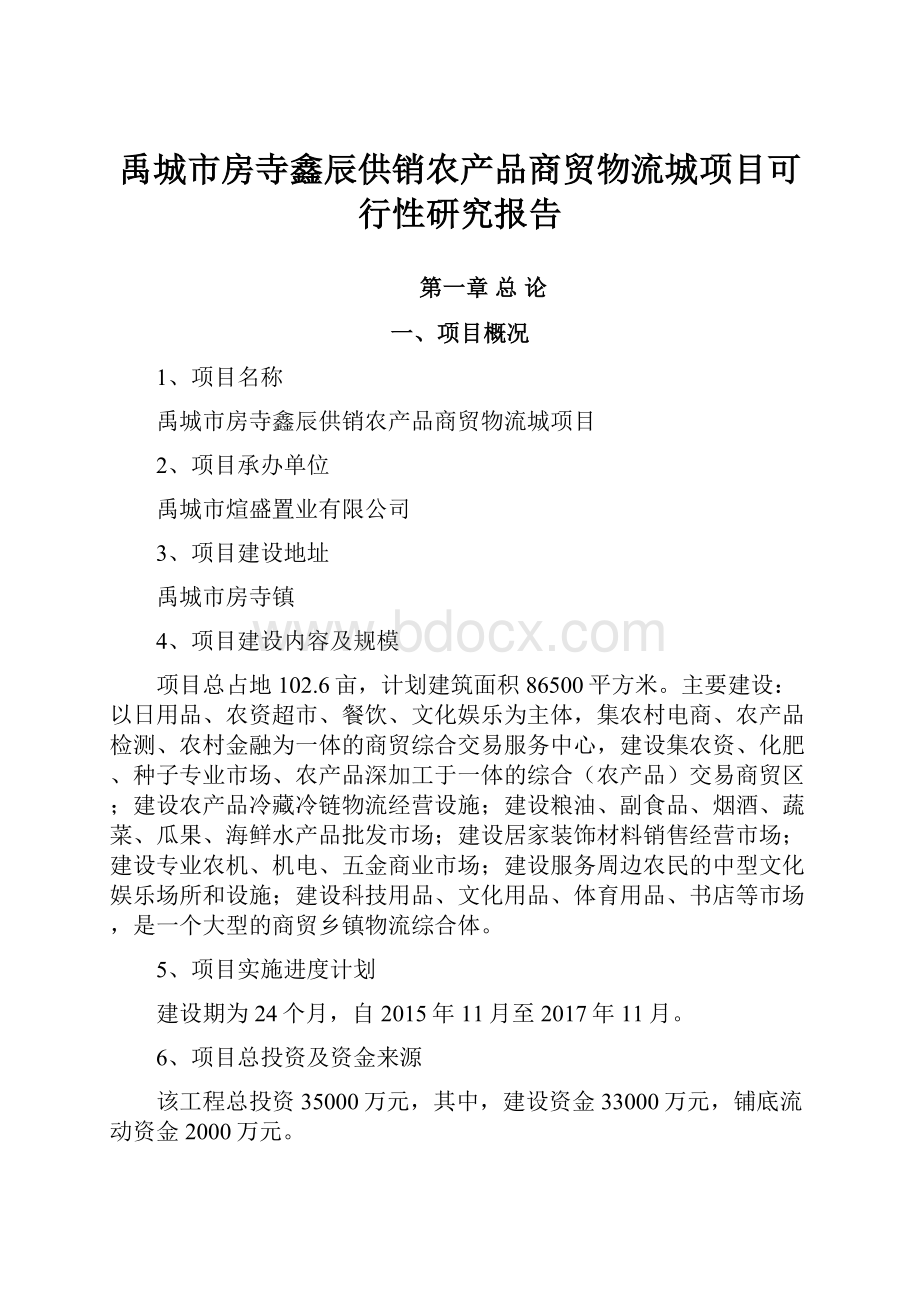 禹城市房寺鑫辰供销农产品商贸物流城项目可行性研究报告.docx