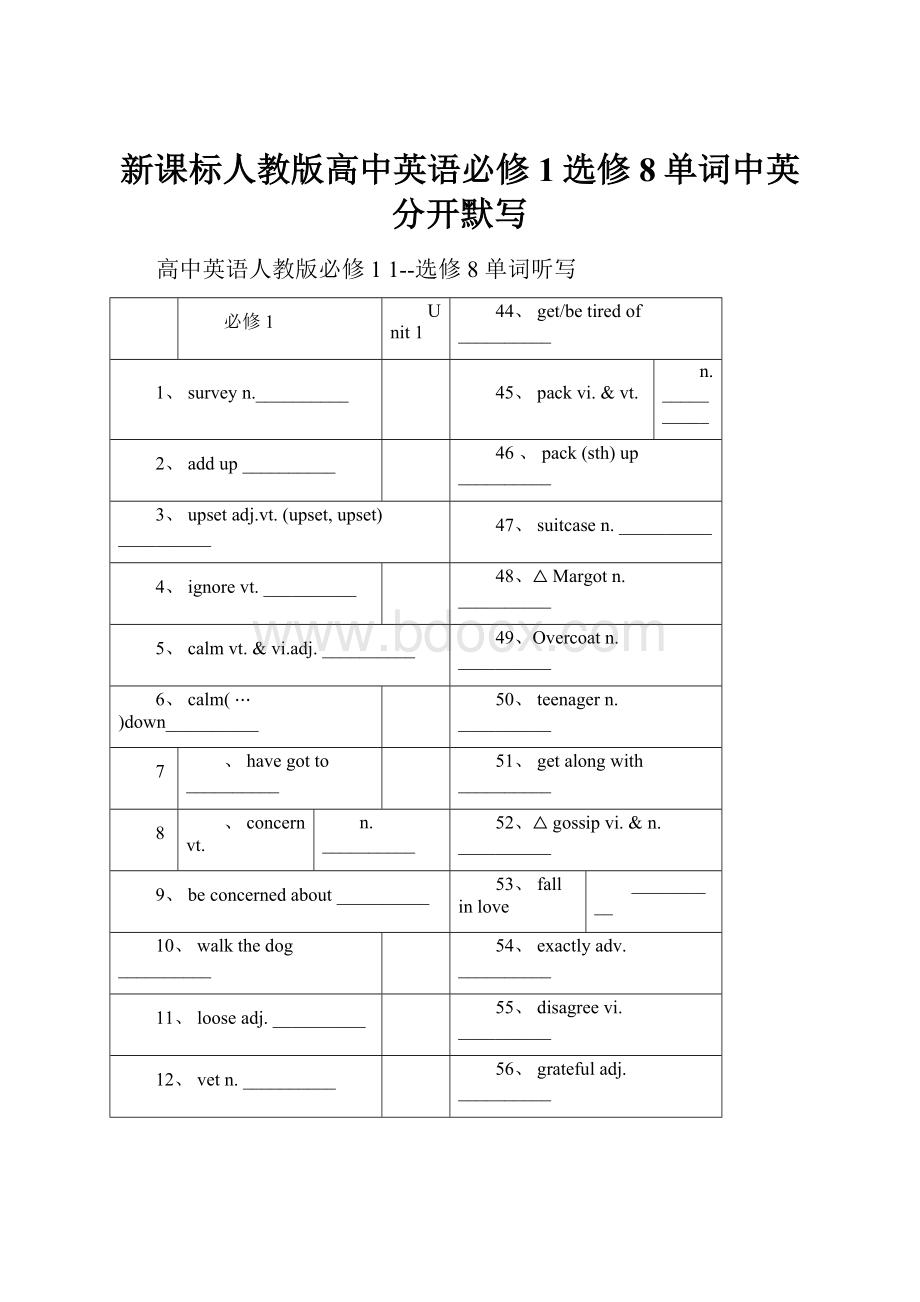 新课标人教版高中英语必修1选修8单词中英分开默写.docx