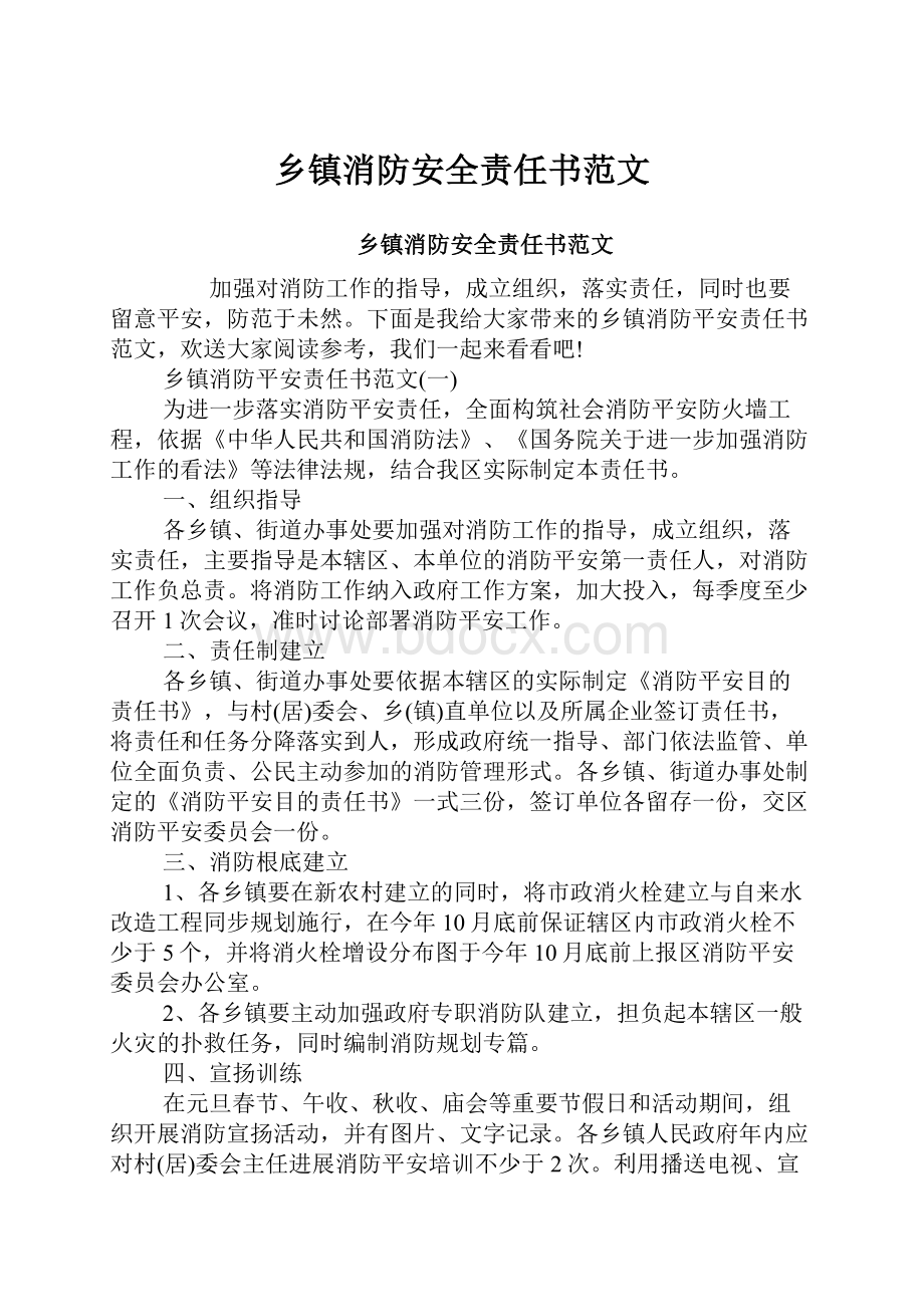 乡镇消防安全责任书范文.docx_第1页