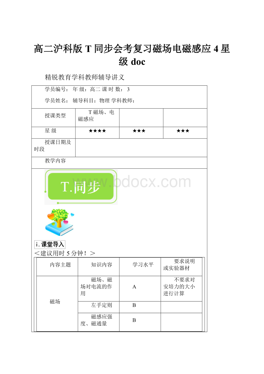 高二沪科版T同步会考复习磁场电磁感应4星级doc.docx_第1页