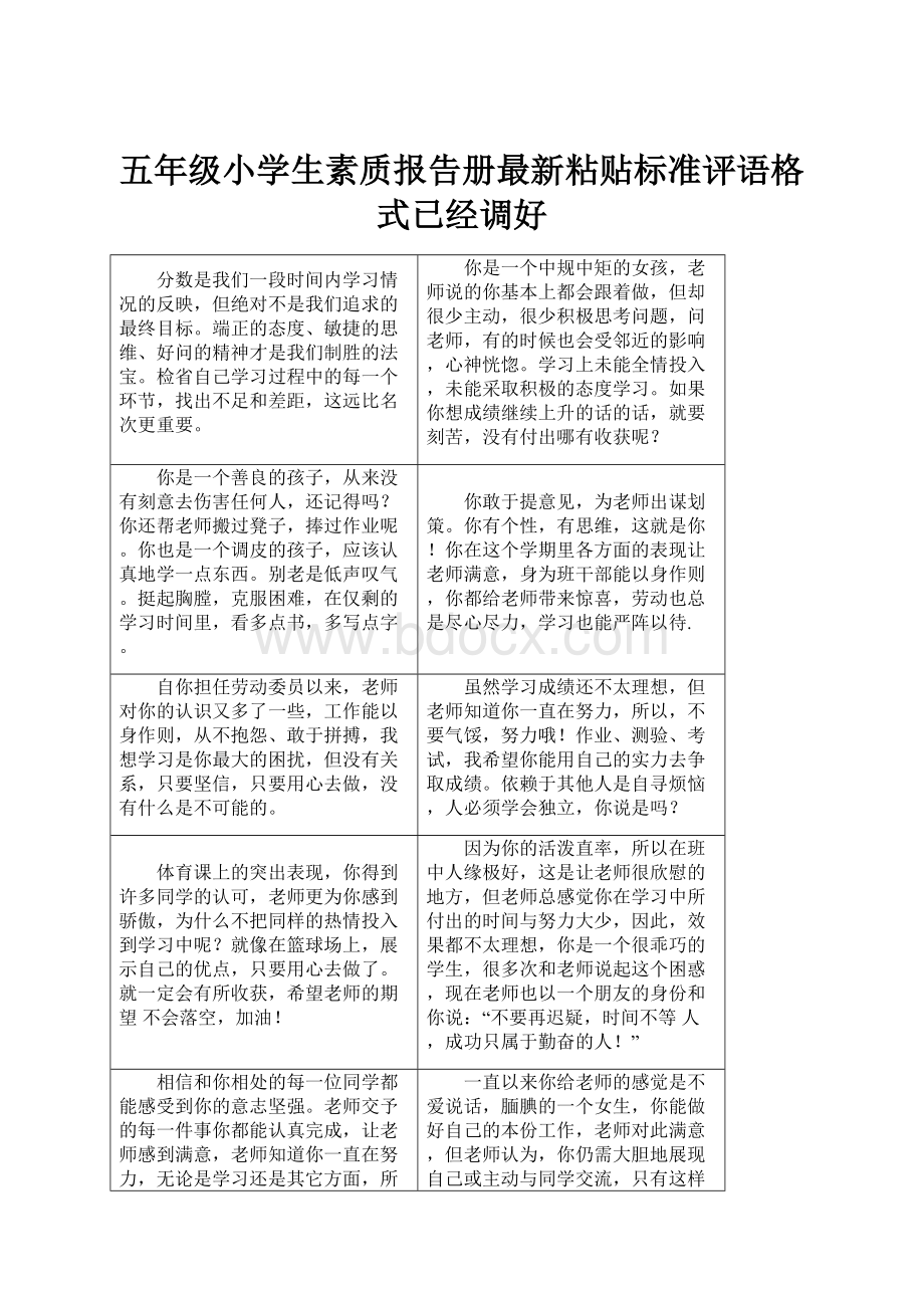 五年级小学生素质报告册最新粘贴标准评语格式已经调好.docx