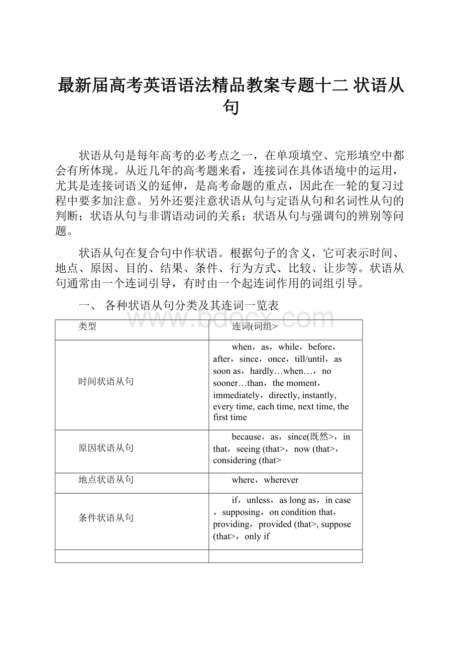 最新届高考英语语法精品教案专题十二 状语从句.docx