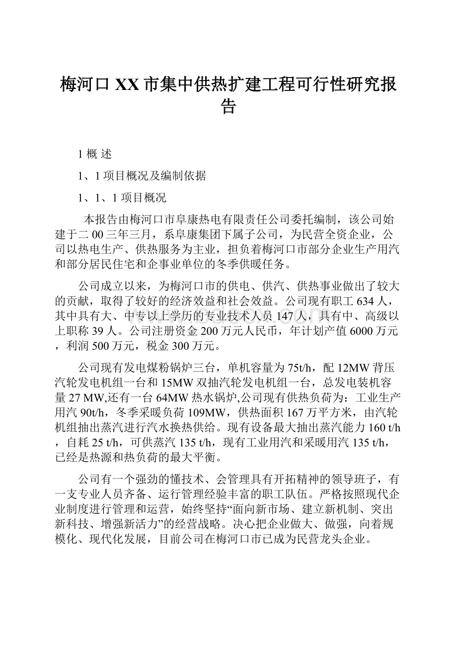 梅河口XX市集中供热扩建工程可行性研究报告.docx