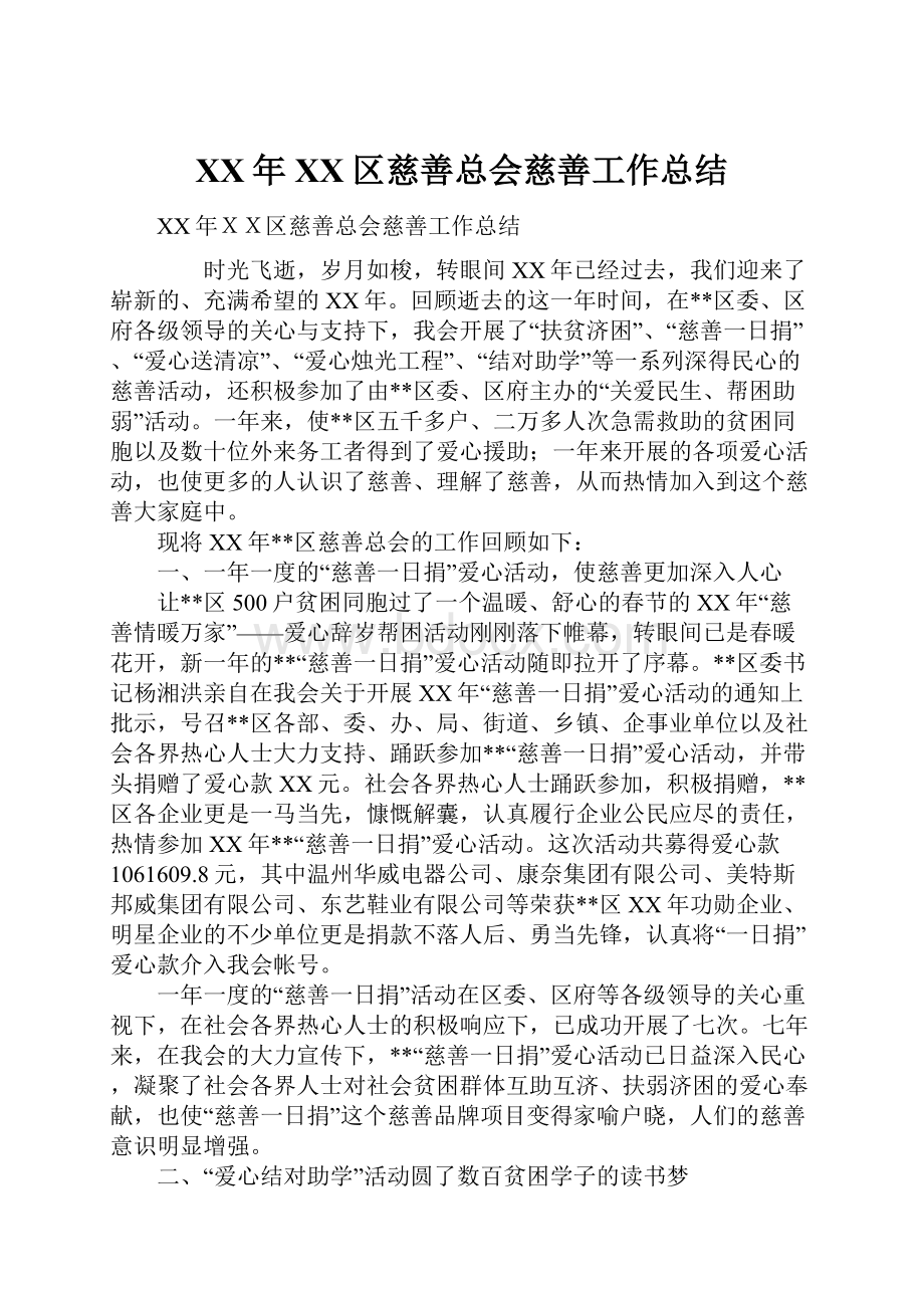 XX年XX区慈善总会慈善工作总结.docx