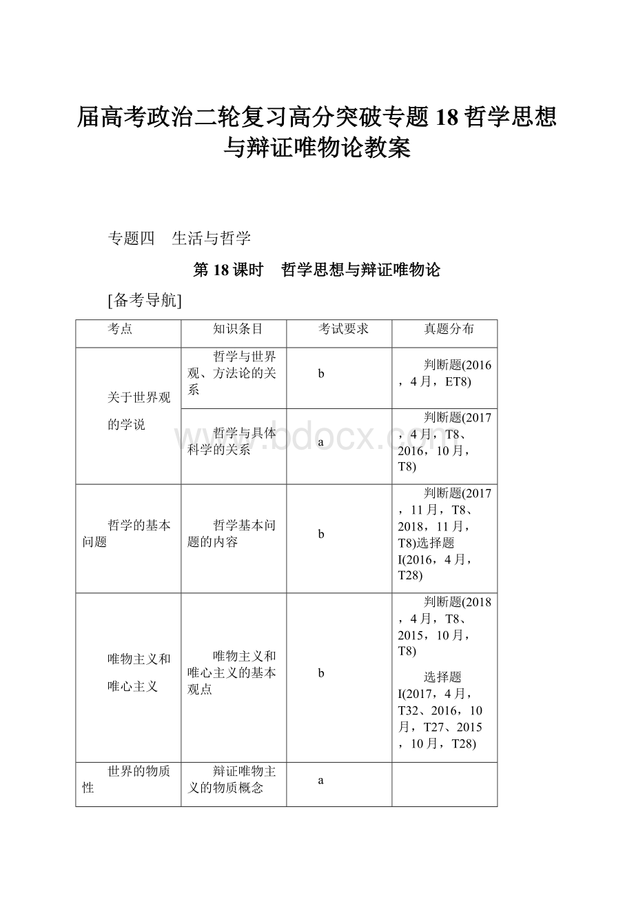 届高考政治二轮复习高分突破专题18哲学思想与辩证唯物论教案.docx