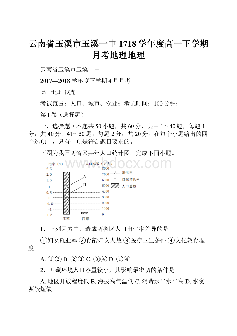 云南省玉溪市玉溪一中1718学年度高一下学期月考地理地理.docx