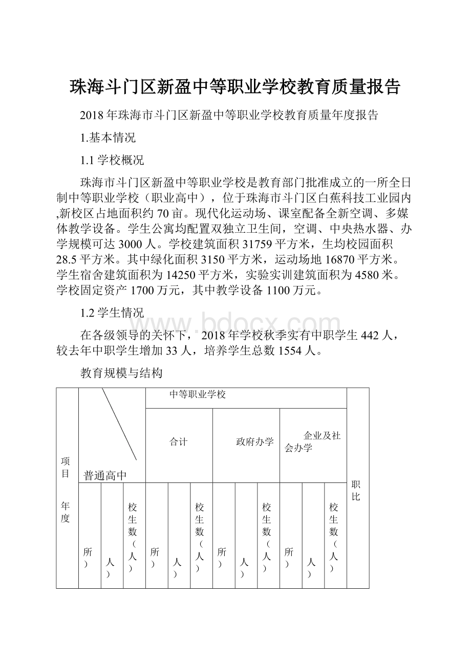 珠海斗门区新盈中等职业学校教育质量报告.docx_第1页