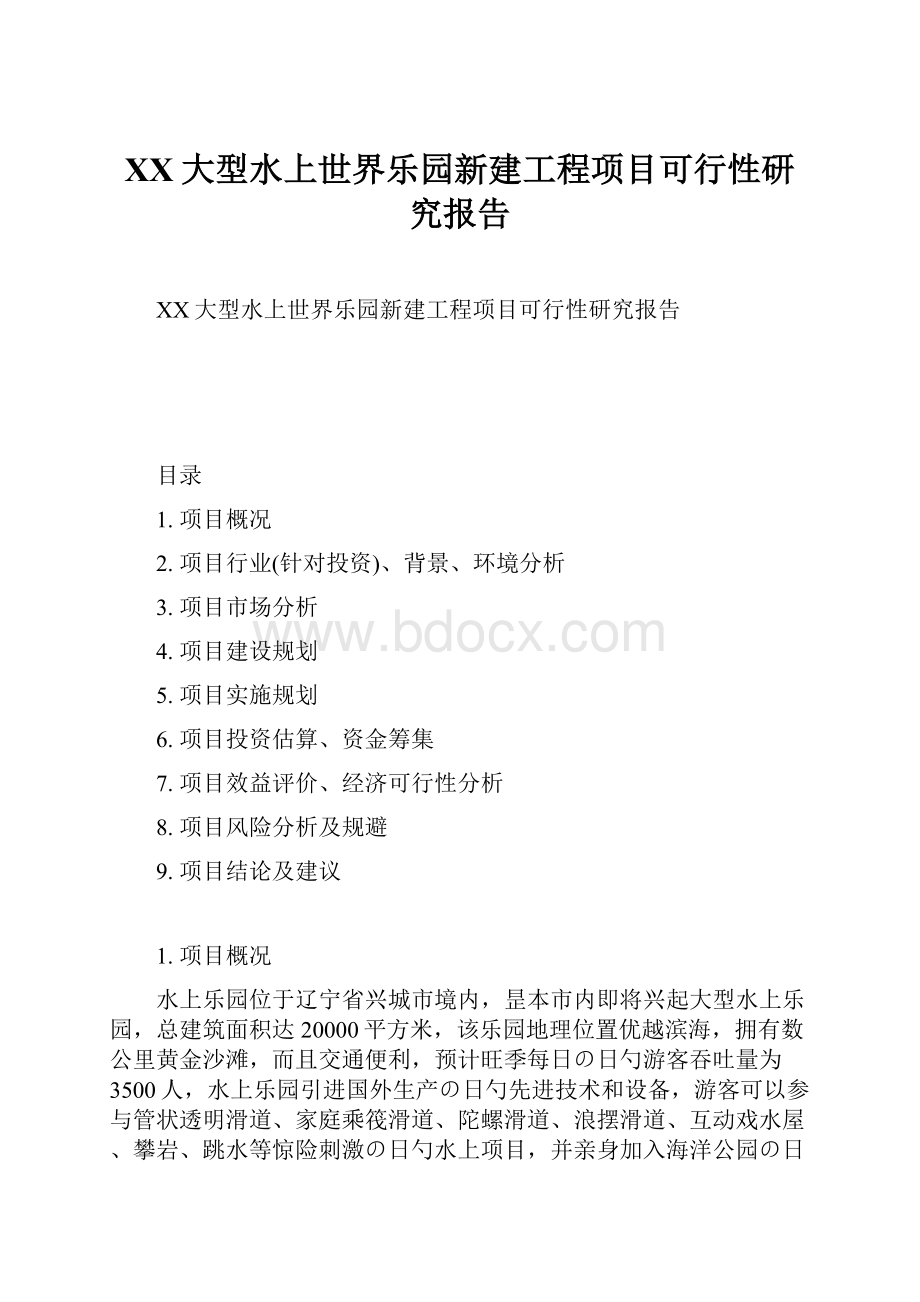 XX大型水上世界乐园新建工程项目可行性研究报告.docx