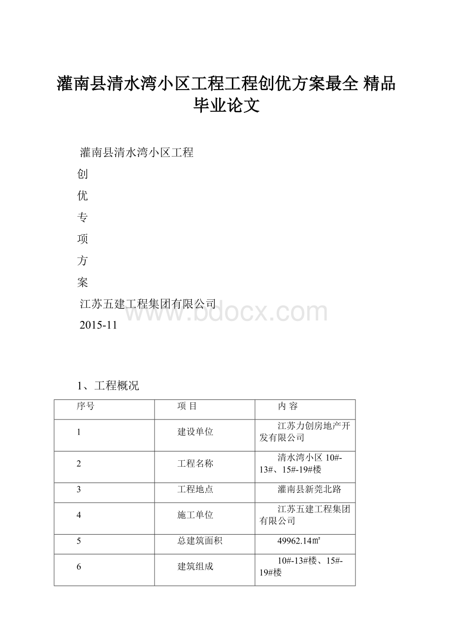 灌南县清水湾小区工程工程创优方案最全 精品毕业论文.docx