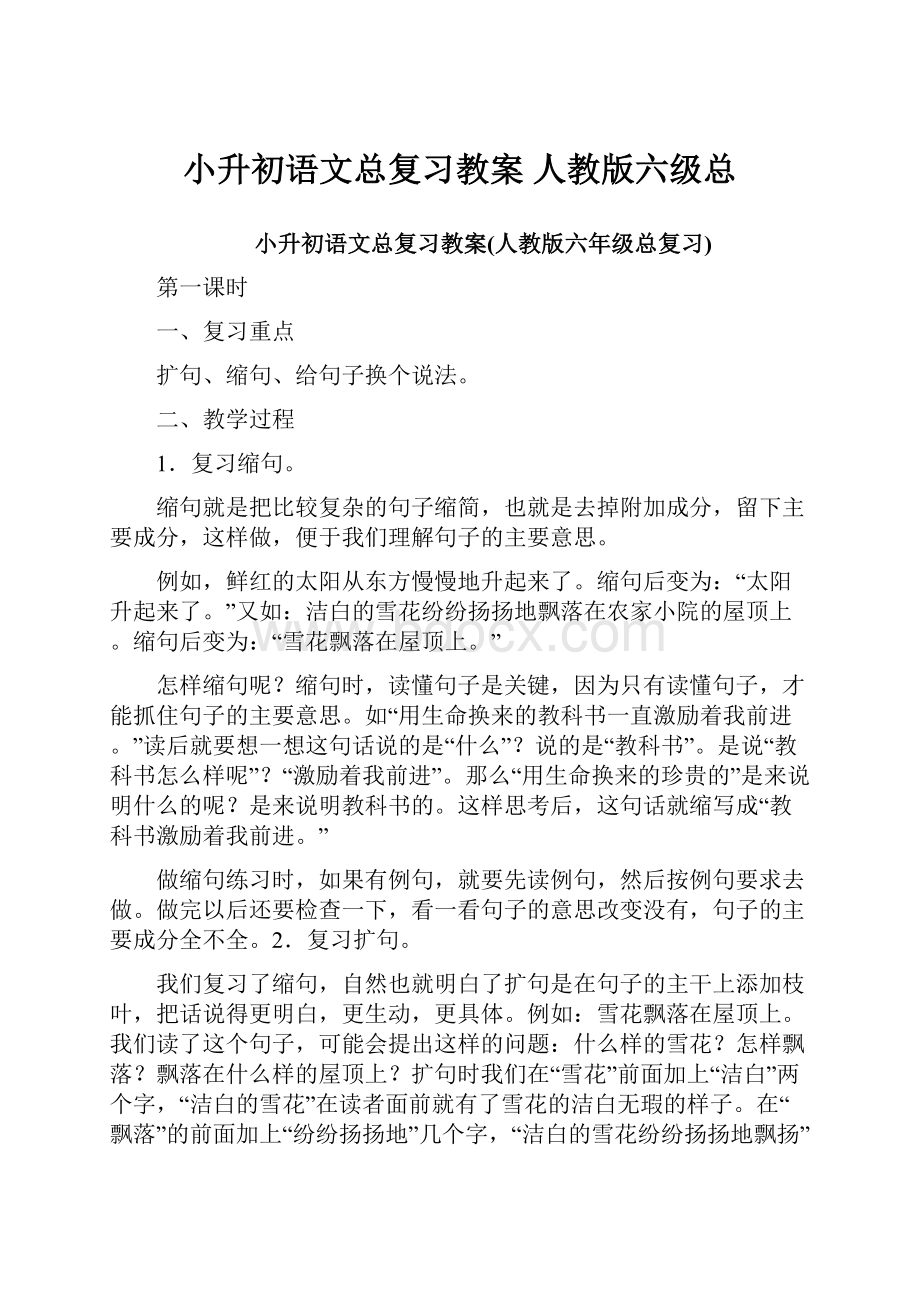 小升初语文总复习教案 人教版六级总.docx