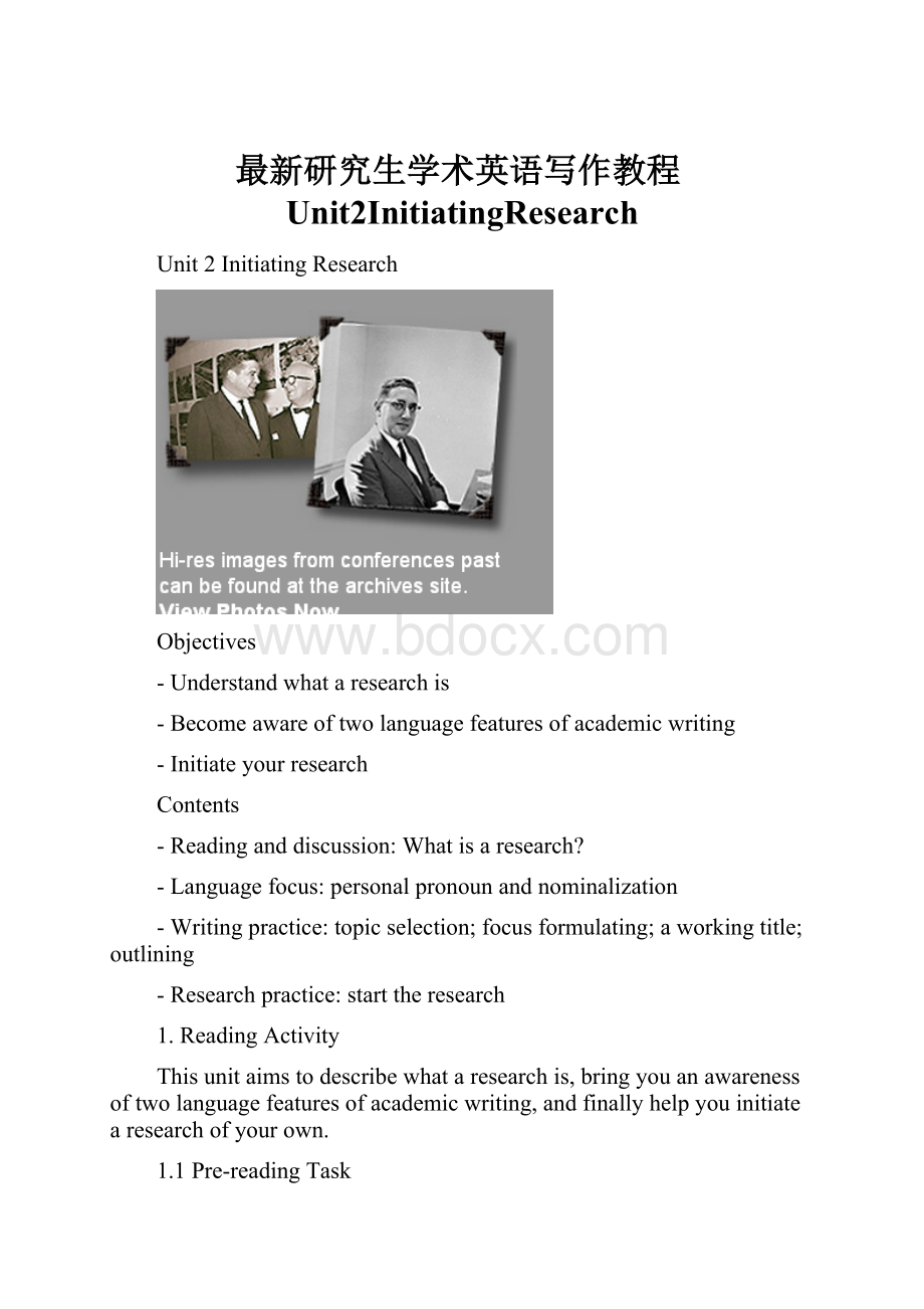 最新研究生学术英语写作教程Unit2InitiatingResearch.docx