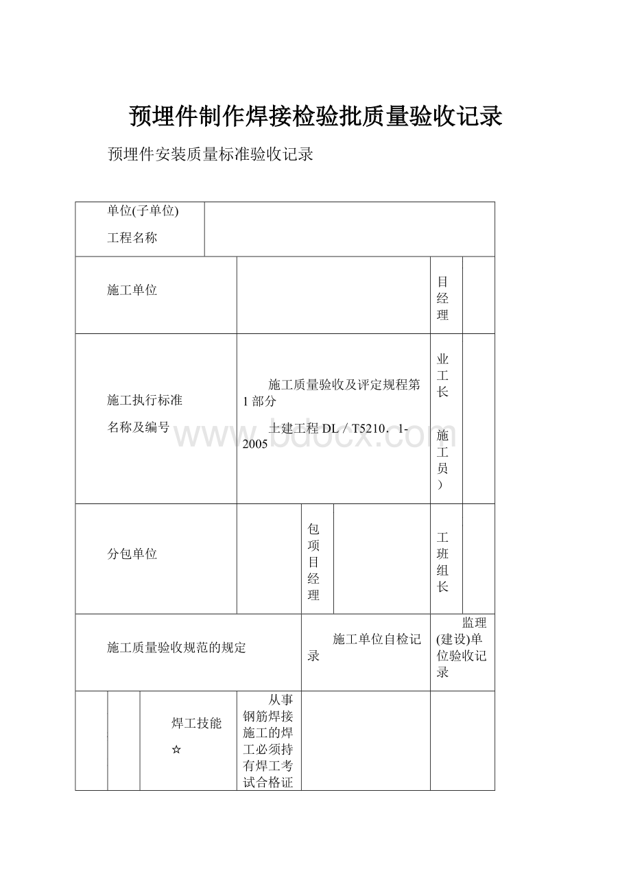 预埋件制作焊接检验批质量验收记录.docx_第1页