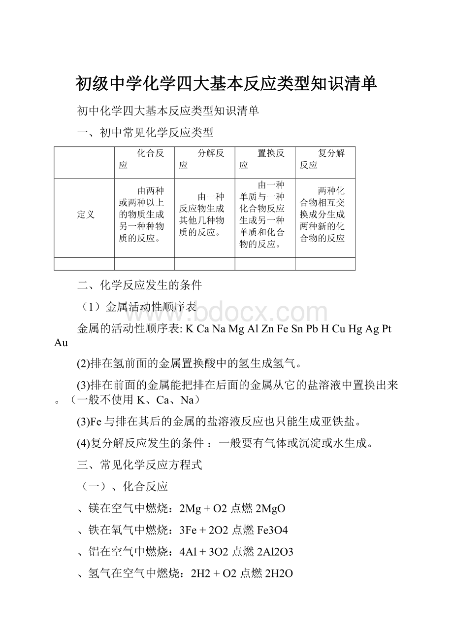 初级中学化学四大基本反应类型知识清单.docx