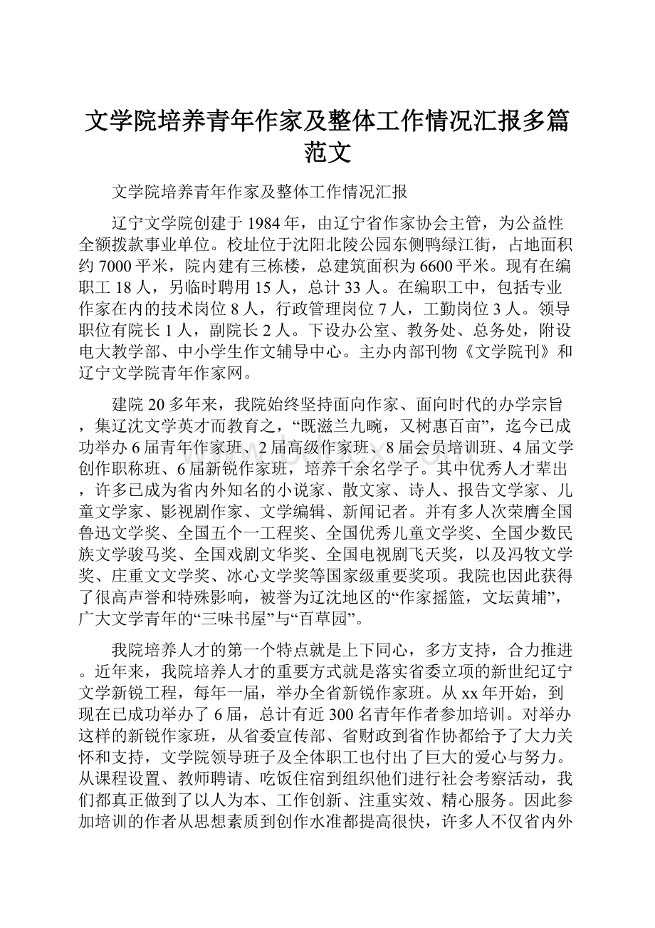 文学院培养青年作家及整体工作情况汇报多篇范文.docx