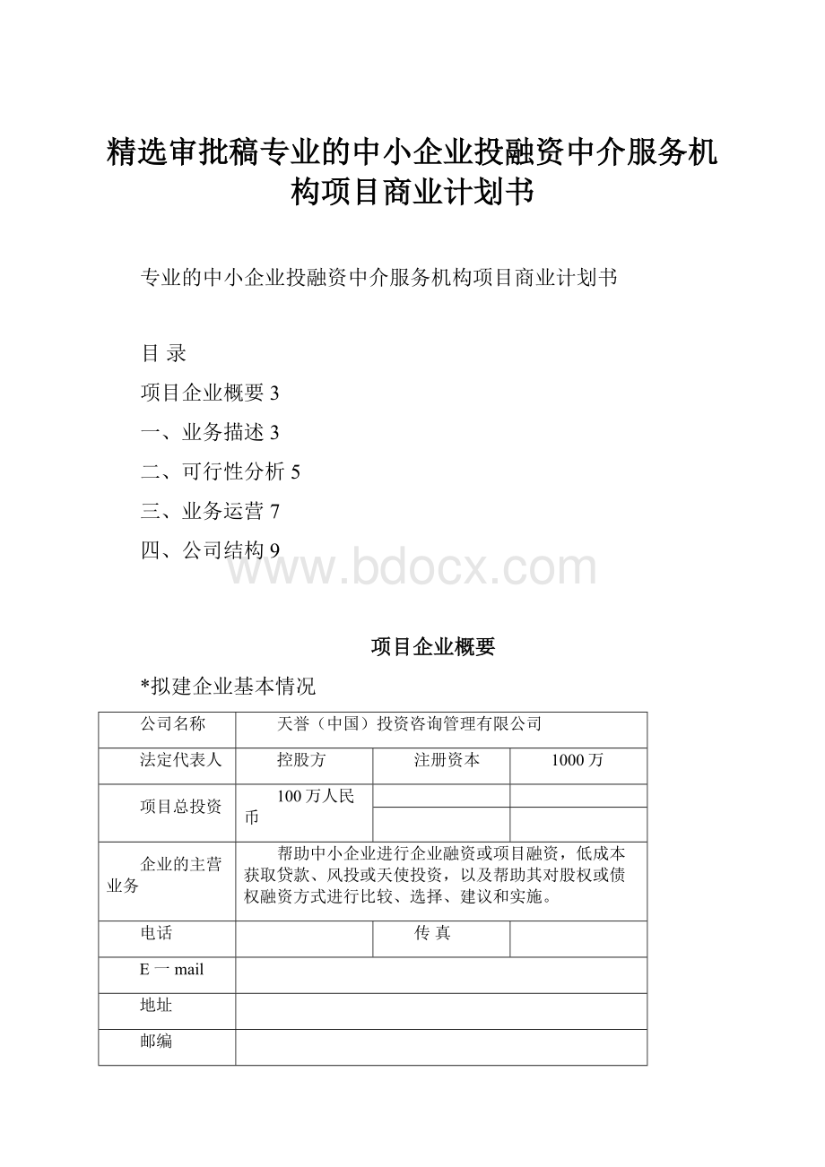 精选审批稿专业的中小企业投融资中介服务机构项目商业计划书.docx