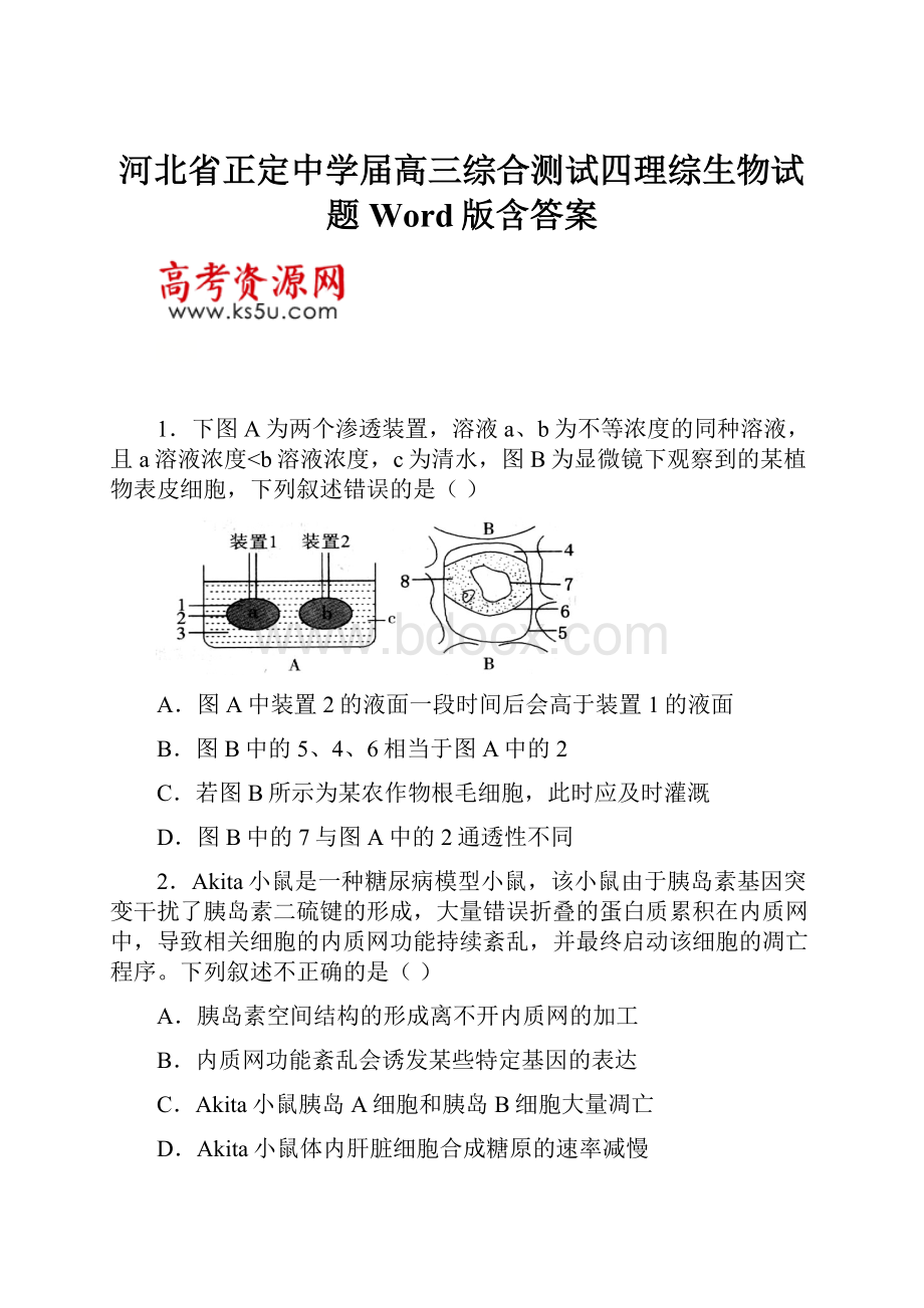 河北省正定中学届高三综合测试四理综生物试题Word版含答案.docx_第1页