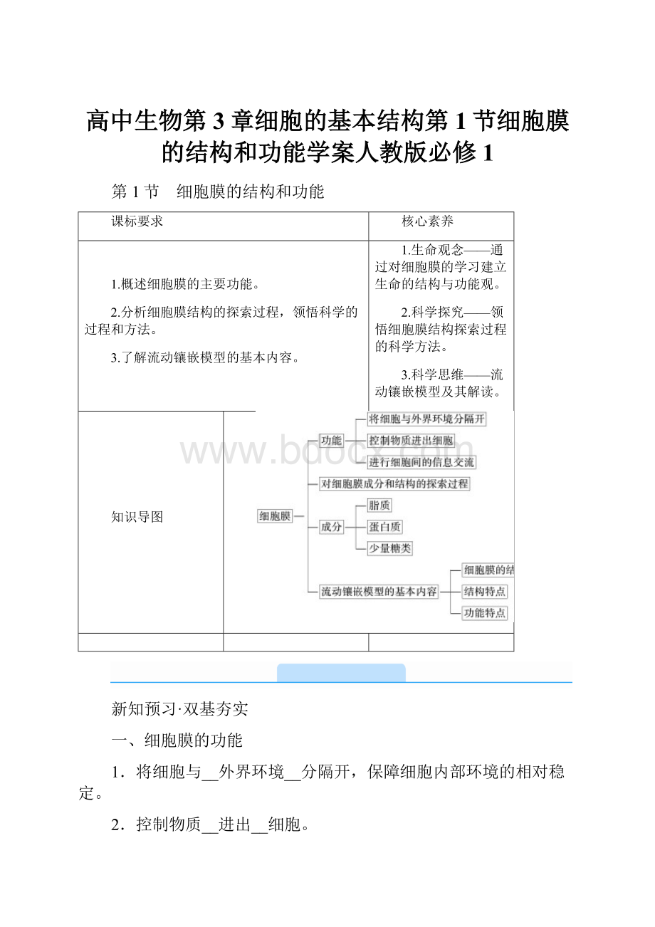 高中生物第3章细胞的基本结构第1节细胞膜的结构和功能学案人教版必修1.docx