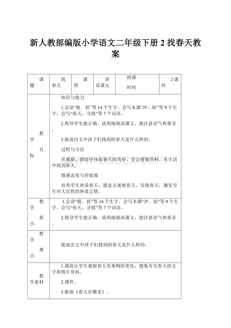 新人教部编版小学语文二年级下册2 找春天教案.docx_第1页