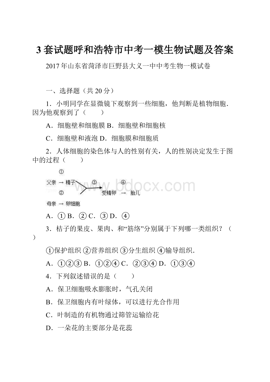 3套试题呼和浩特市中考一模生物试题及答案.docx