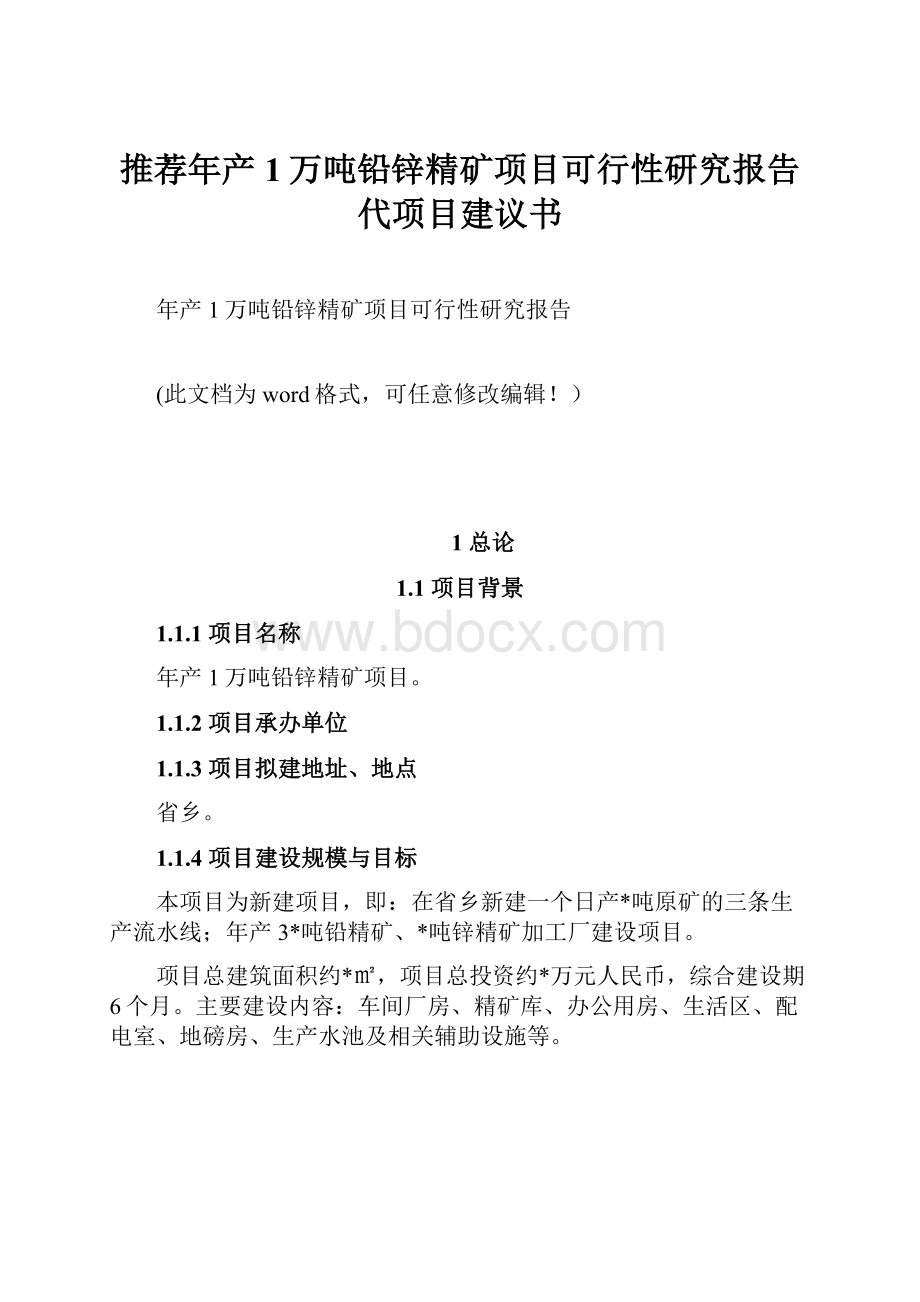 推荐年产1万吨铅锌精矿项目可行性研究报告代项目建议书.docx