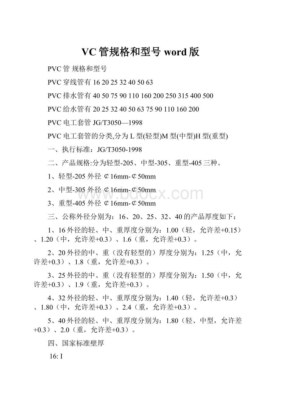 VC管规格和型号word版.docx