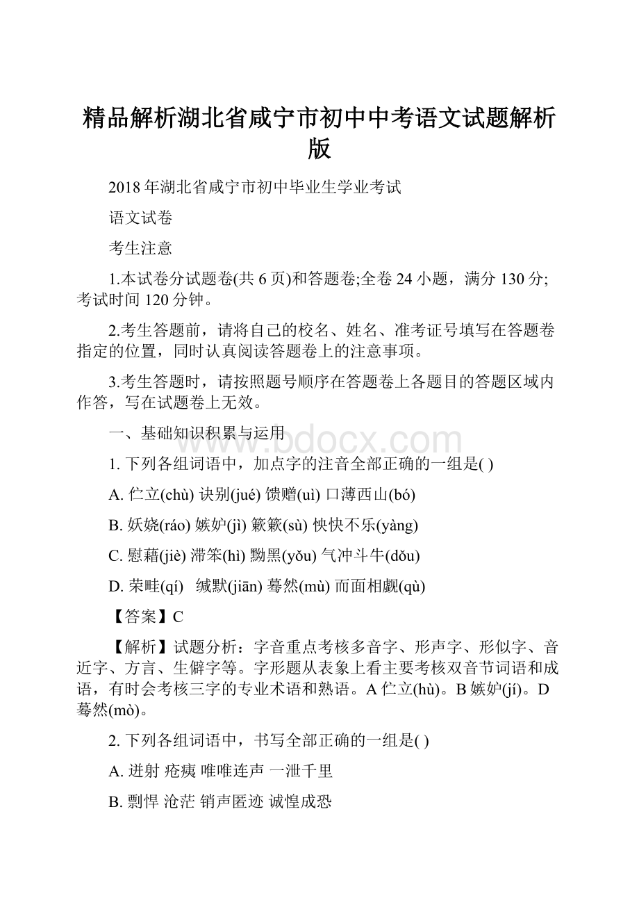 精品解析湖北省咸宁市初中中考语文试题解析版.docx_第1页