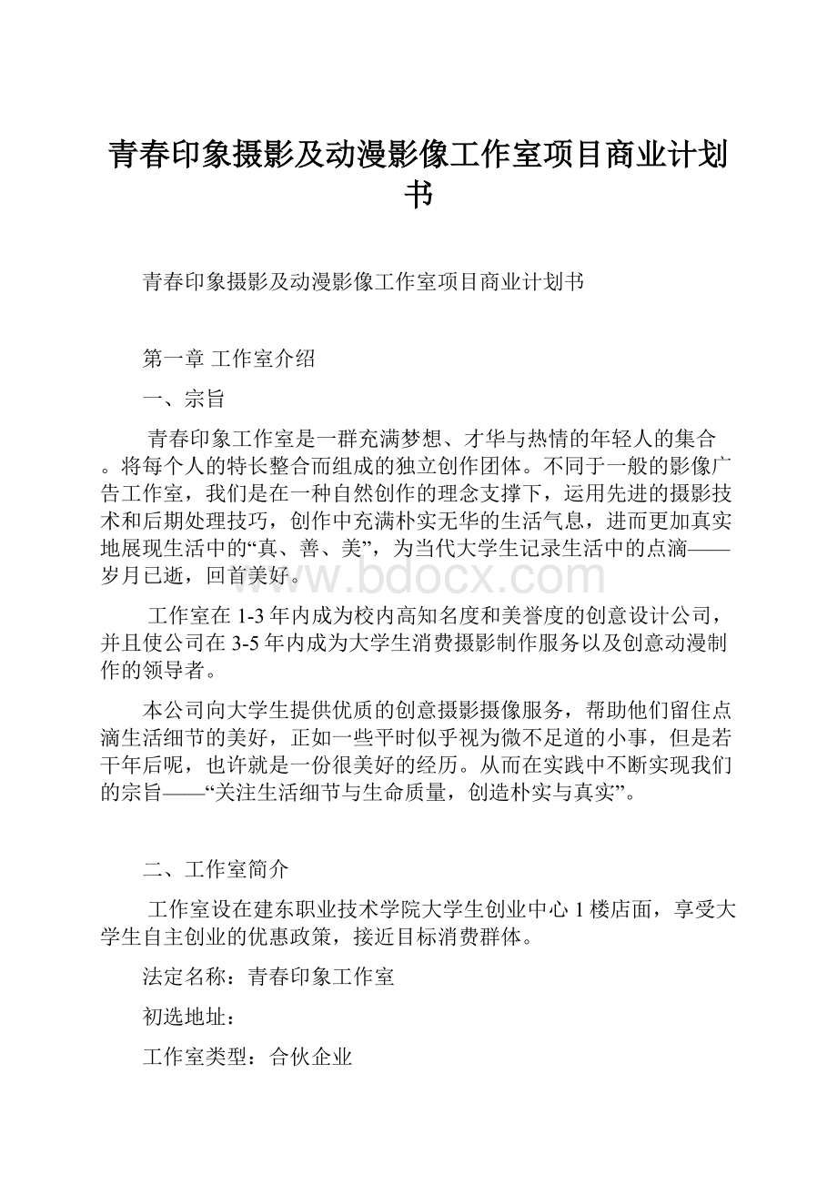 青春印象摄影及动漫影像工作室项目商业计划书.docx_第1页