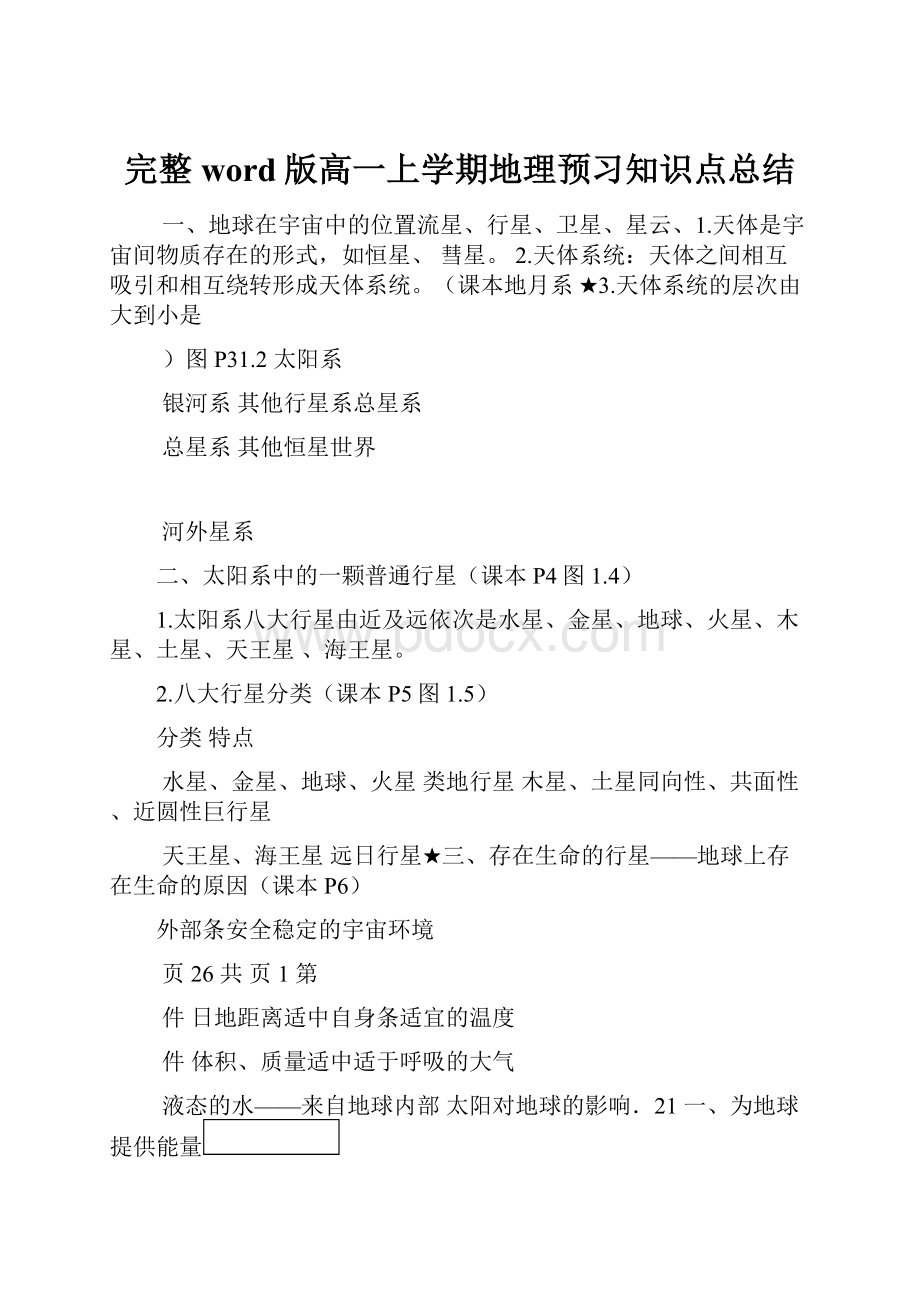 完整word版高一上学期地理预习知识点总结.docx