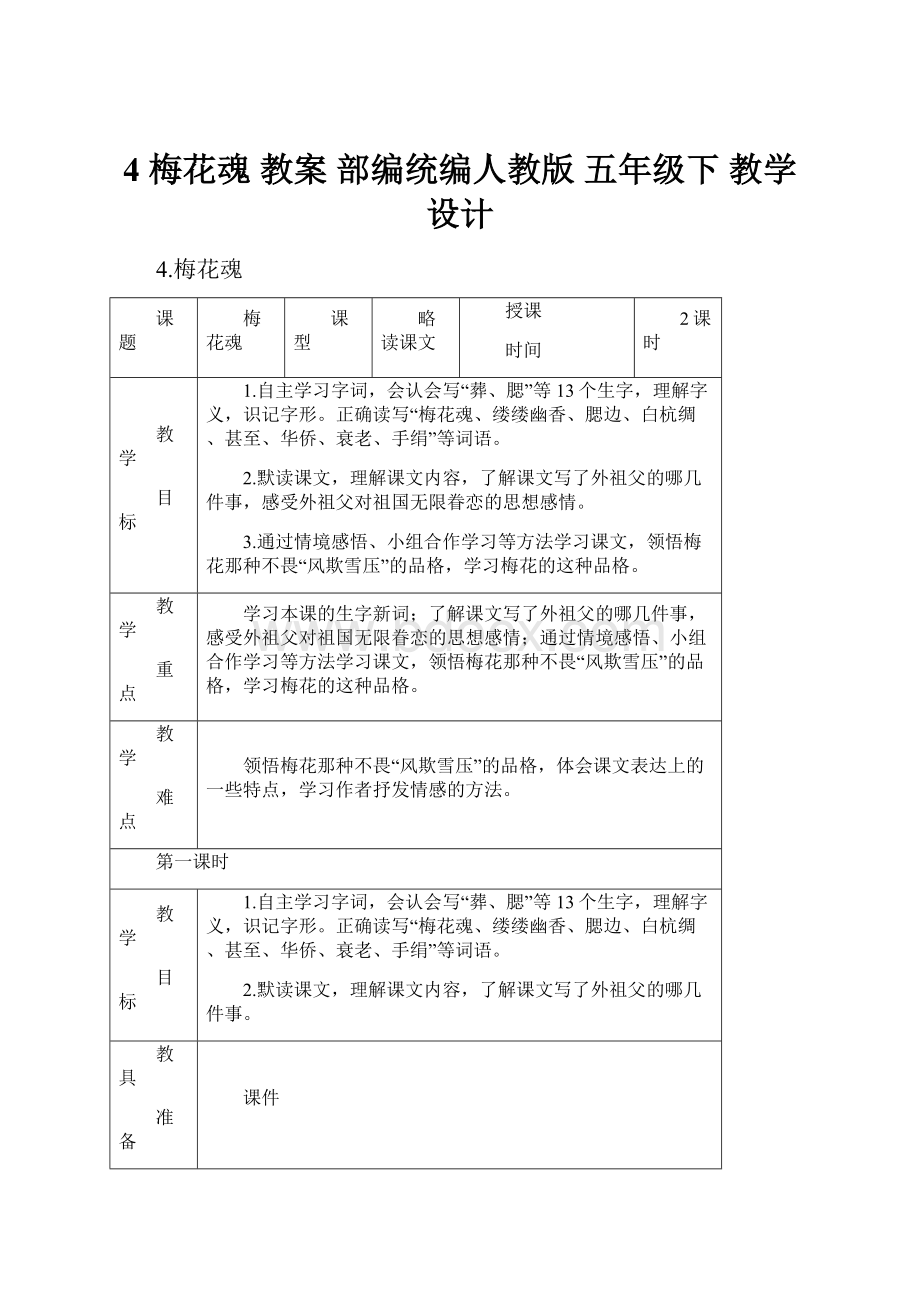 4 梅花魂教案部编统编人教版五年级下 教学设计.docx_第1页