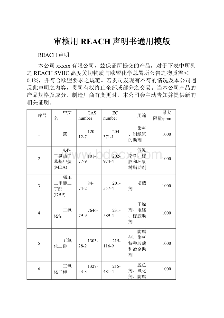 审核用REACH声明书通用模版.docx