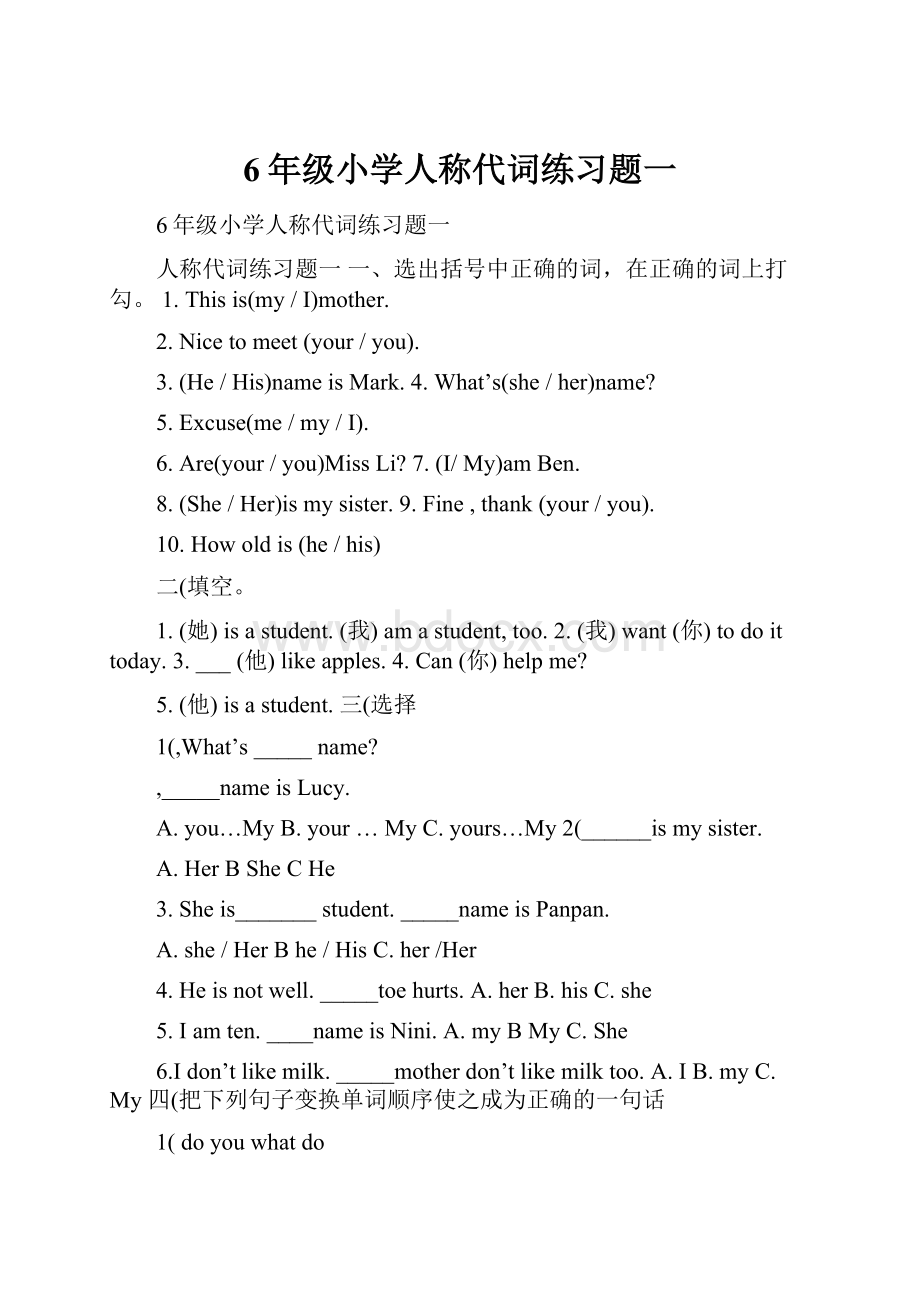 6年级小学人称代词练习题一.docx