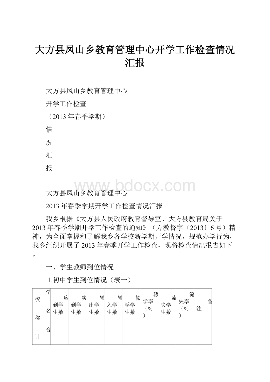 大方县凤山乡教育管理中心开学工作检查情况汇报.docx