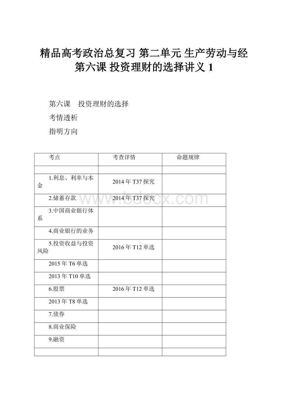 精品高考政治总复习 第二单元 生产劳动与经 第六课 投资理财的选择讲义1.docx_第1页