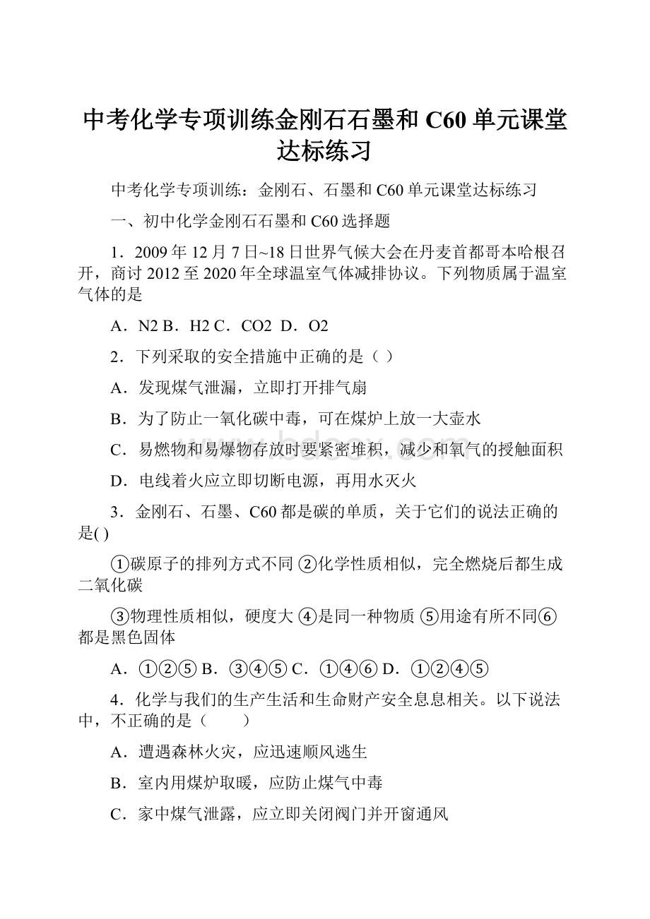 中考化学专项训练金刚石石墨和C60单元课堂达标练习.docx