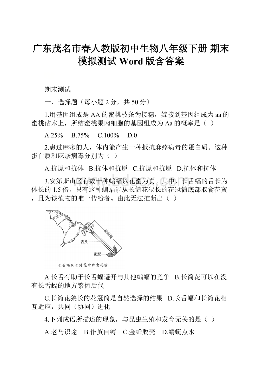 广东茂名市春人教版初中生物八年级下册 期末模拟测试 Word版含答案.docx