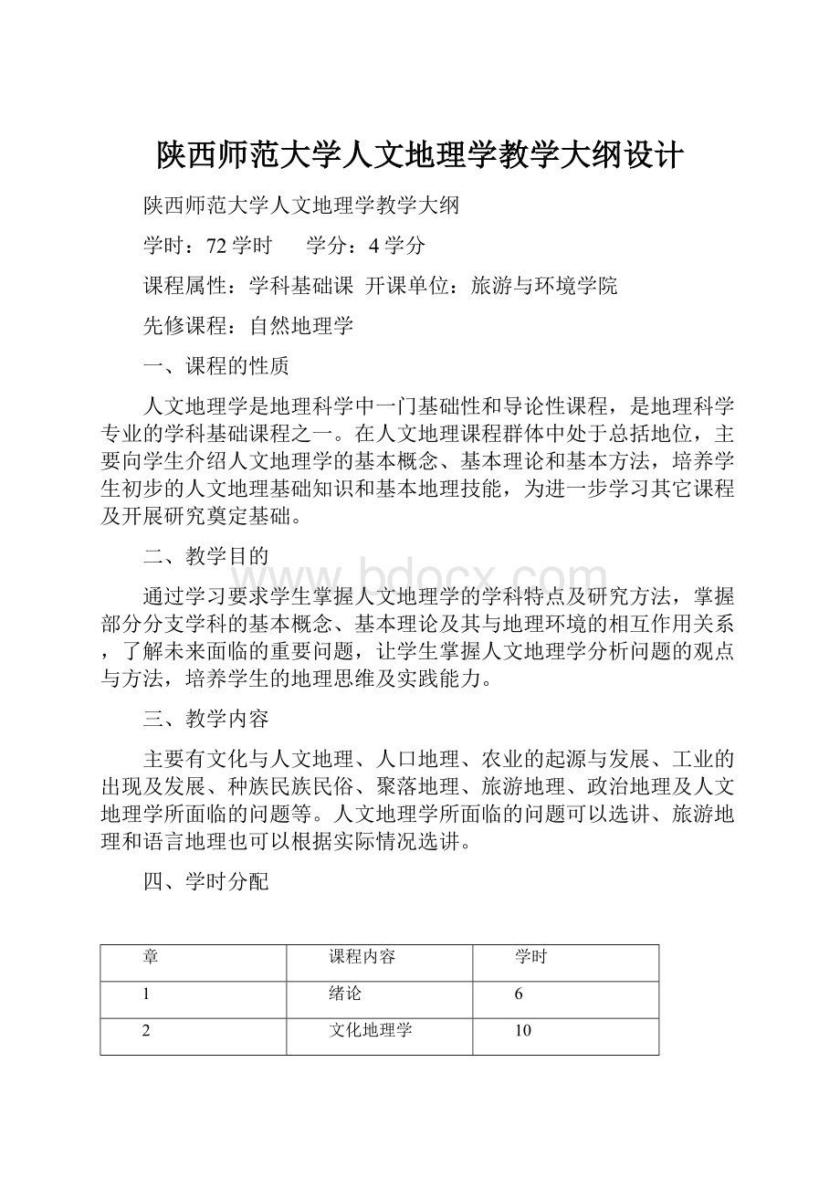 陕西师范大学人文地理学教学大纲设计.docx_第1页