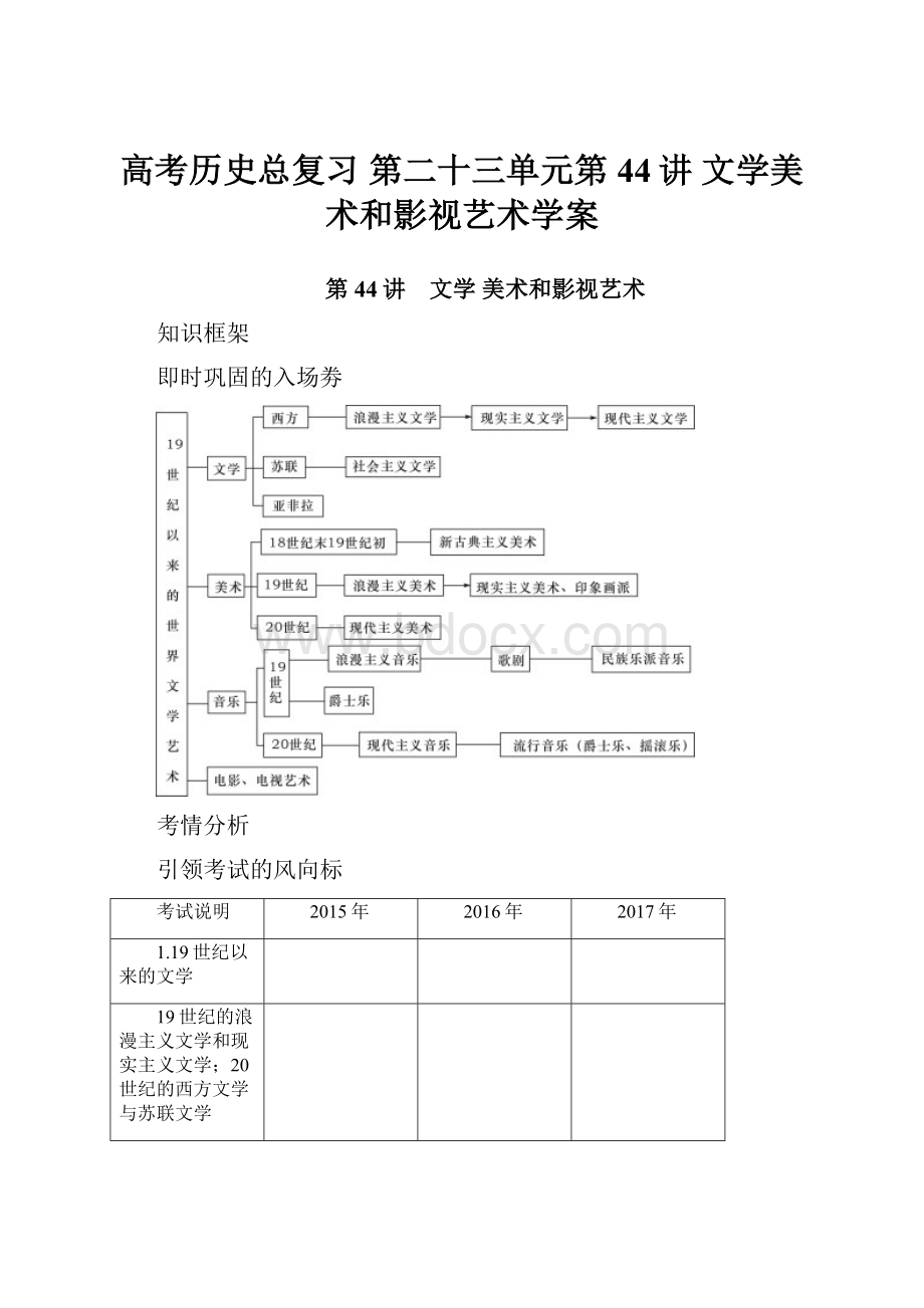 高考历史总复习 第二十三单元第44讲 文学美术和影视艺术学案.docx