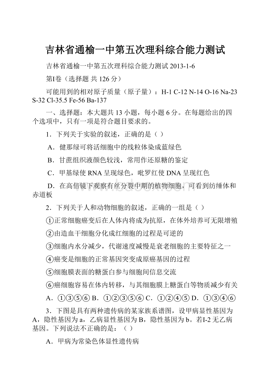 吉林省通榆一中第五次理科综合能力测试.docx