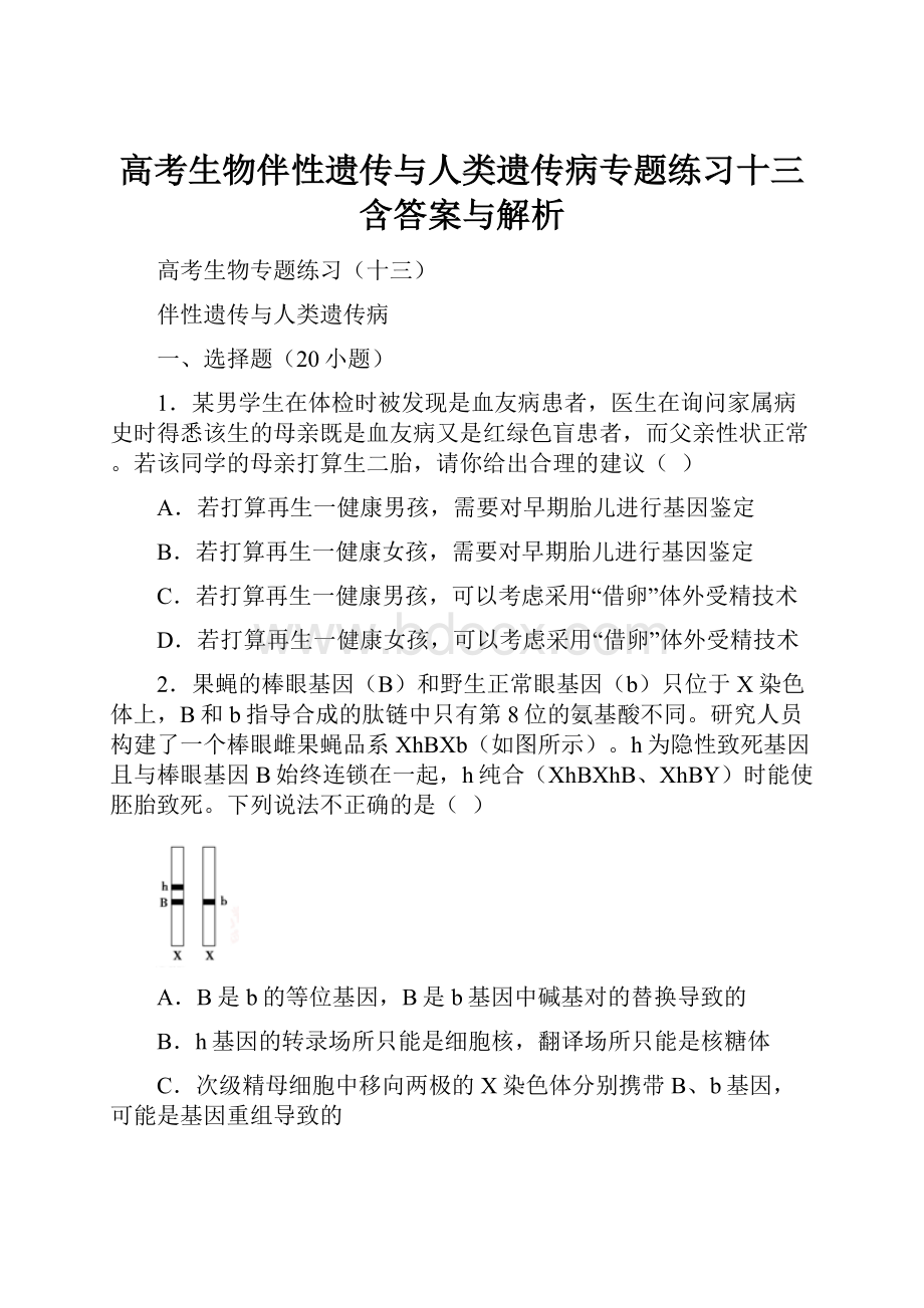 高考生物伴性遗传与人类遗传病专题练习十三 含答案与解析.docx_第1页