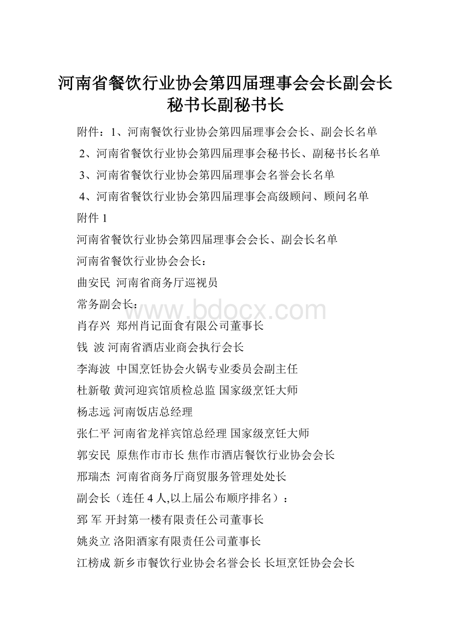 河南省餐饮行业协会第四届理事会会长副会长秘书长副秘书长.docx_第1页