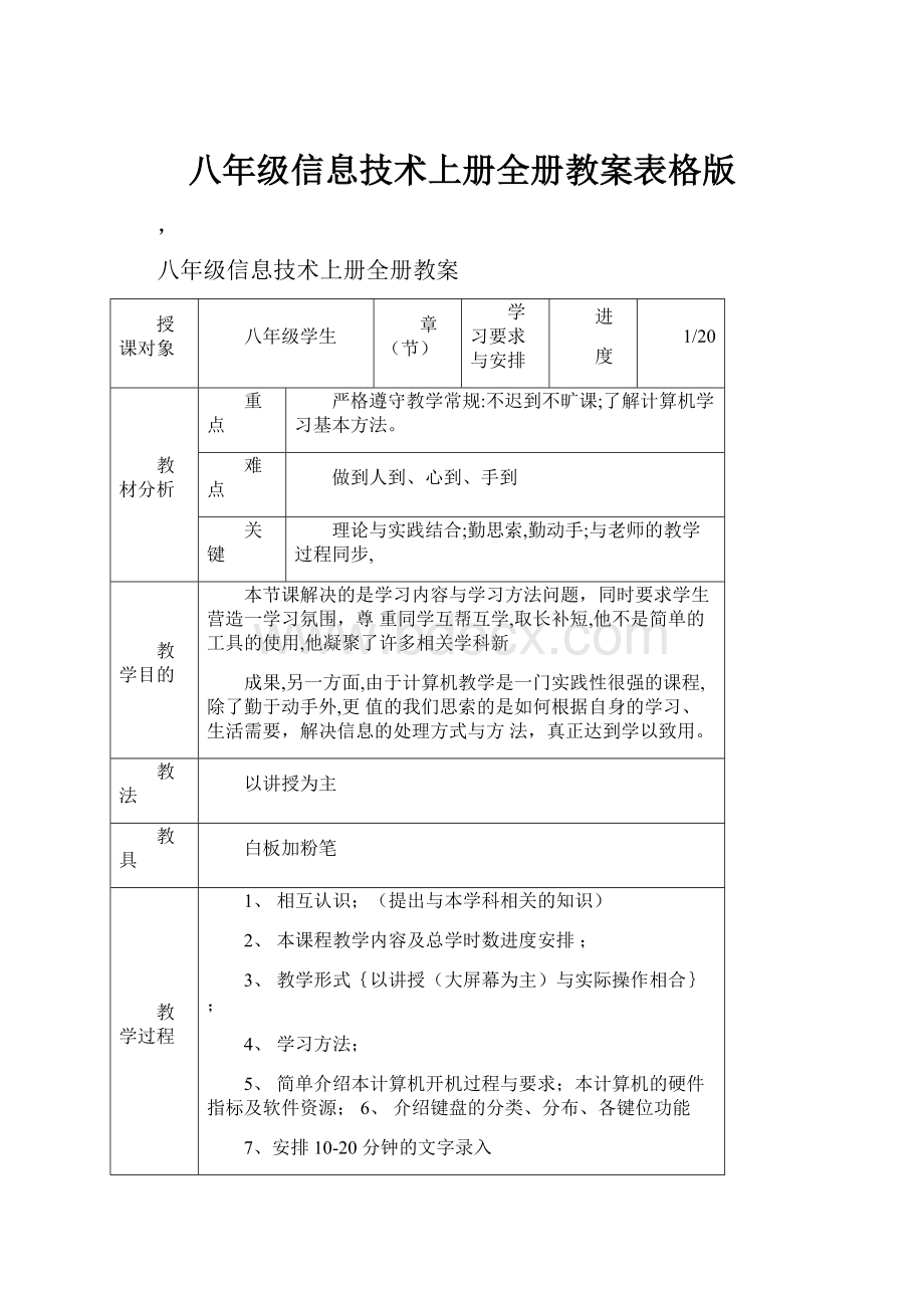 八年级信息技术上册全册教案表格版.docx_第1页