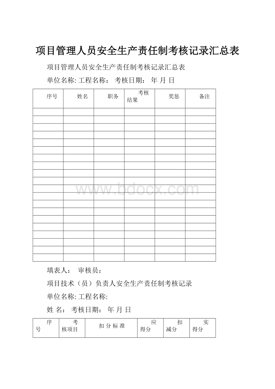 项目管理人员安全生产责任制考核记录汇总表.docx