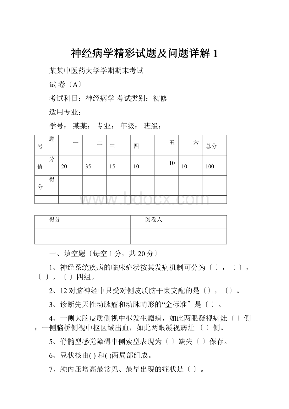 神经病学精彩试题及问题详解1.docx