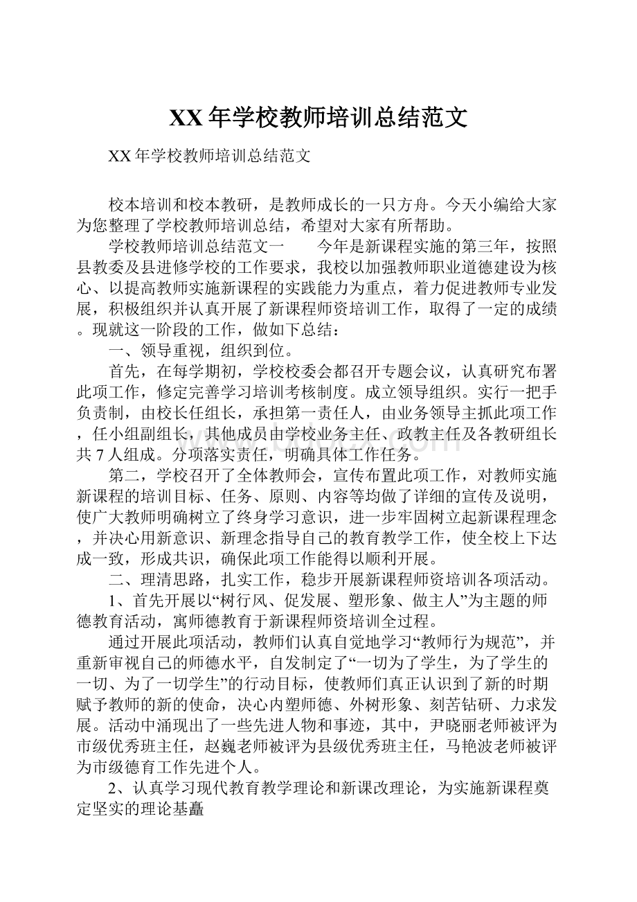 XX年学校教师培训总结范文.docx